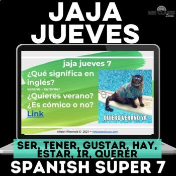 Preview of Jokes in Spanish class starters Jaja jueves Super 7 Verbs meme for 1 year