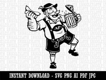 Preview of Jolly Bavarian Man in Lederhosen with Beer Stein and Sausage Clipart