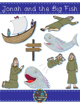 Preview of Jonah and the Big Fish Clipart in Color and Black & White