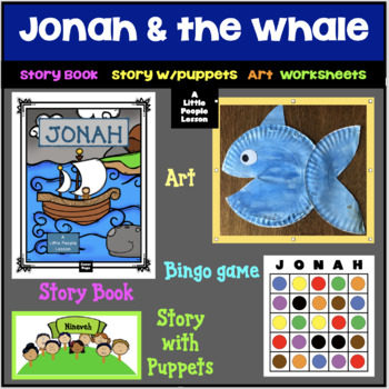 Preview of JONAH and the WHALE: A story book, script with puppets, art, worksheets, bingo