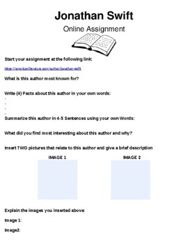 Preview of Jonathan Swift  Online Assignment (Author)