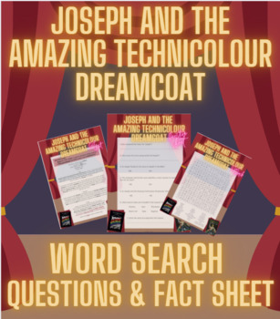 Preview of Joseph and the Amazing Technicolour Dreamcoat WORDSEARCH Fact Sheet Questions