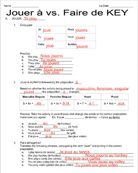 Preview of Jouer à vs. Faire de Worksheet with Google Slides Key