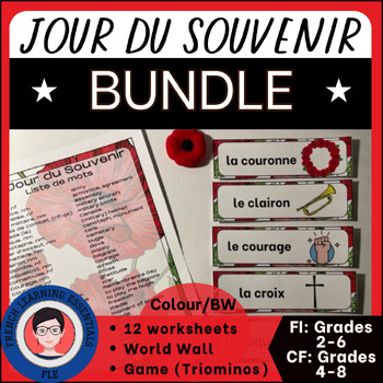 Preview of Jour du Souvenir Bundle | Mur de mots | Jeu du Triominos | Exercices | French