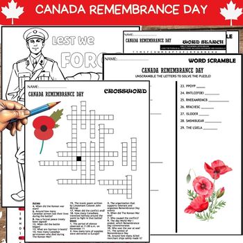 Preview of Jour du Souvenir Canada Remembrance Day, Word Scramble, Crossword & Wordsearch