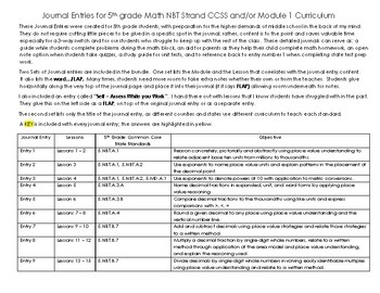 Preview of Journal Entries for 5th grade Math NBT Strand CCSS and/or Module 1 Curriculum