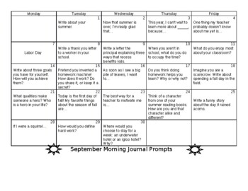 Preview of Journal Prompts- September 2020- Calendar format