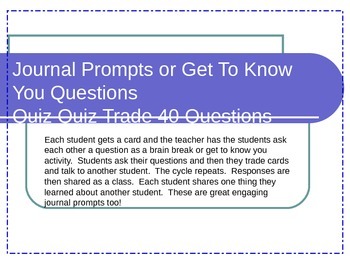 Preview of Journal Prompts or Get To Know You Questions Quiz Quiz Trade 40 Questions