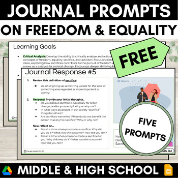 Preview of Journal Writing Response Prompts Middle High School English Themes: Freedom FREE