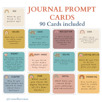 Preview of Journal prompt cards, writing journal flashcards, self care writing, counselling