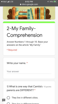 Preview of Journeys 2nd Grade Lesson 2 Tests My Family DIGITAL Google Forms