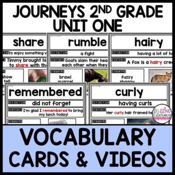 Preview of Journeys 2nd Grade Unit 1 VOCABULARY CARDS and VIDEOS