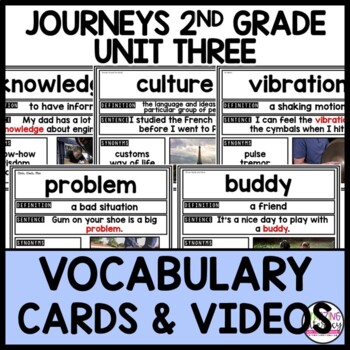 Preview of Journeys 2nd Grade Unit 3 VOCABULARY CARDS and VIDEOS