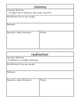 Journeys Fifth Grade Vocabulary Journal Pages Lesson 9: 2012 and 2014