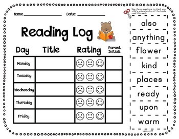 Journeys First Grade Reading Log with Sight Word Flash Cards by Really