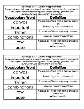 Journeys First Grade Unit 1 Oral Vocabulary words/definitions/ assignment
