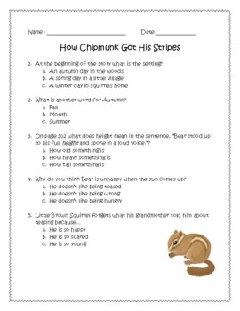 Preview of Journeys How a Chipmunk Got His Stripes test/study guide