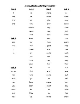 journys list of kindergarten sight words