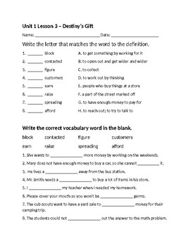 Preview of Journeys Unit 1 Lesson 3 Vocab Practice - Destiny's Gift