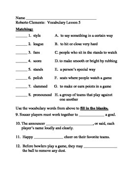 Journey's Vocabulary Activities: Lesson 5: Roberto Clemente - Third Grade