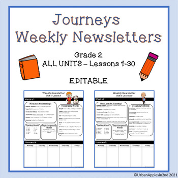 Preview of Journeys Weekly Newsletters (Editable) - Grade 2 Lessons 1-30 BUNDLE