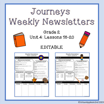 Preview of Journeys Weekly Newsletters (Editable) - Grade 2 Lessons 16-20