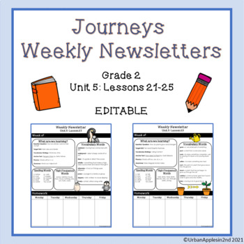 Preview of Journeys Weekly Newsletters (Editable) - Grade 2 Lessons 21-25