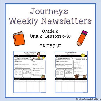 Preview of Journeys Weekly Newsletters (Editable) - Grade 2 Lessons 6-10