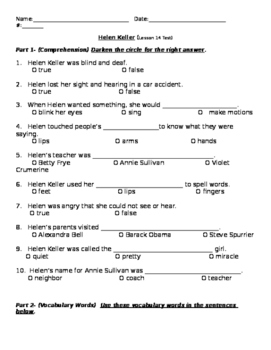 Preview of Journey's - Lesson 14 - Helen Keller - Test - second grade