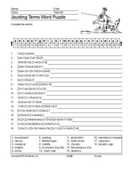 Preview of Jousting Terms Word Search and Vocabulary Puzzle Worksheets