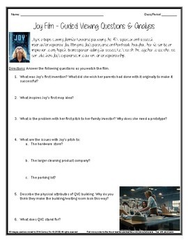 Preview of Joy Movie - Film Analysis | Guided Viewing Questions! | Extension Assignment!
