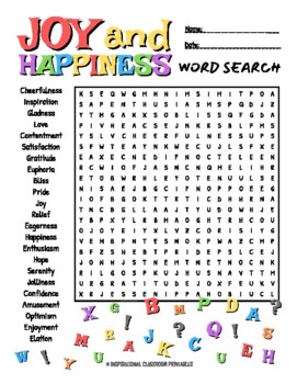 Joy and Happiness Word Search by Inspirational Classroom Printables