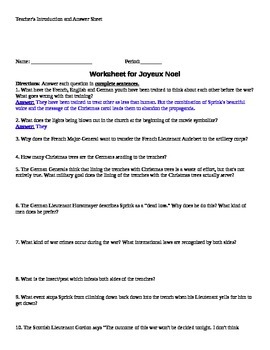 Preview of Joyeux Noel (movie)  Worksheet -- with answer sheet