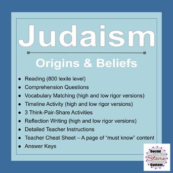 Preview of Judaism Origins & Beliefs - 5 Activities: Reading, Questions, Timeline, Vocab &