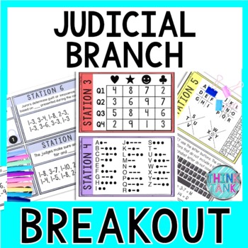 Preview of Judicial Branch Breakout Activity - Task Cards Puzzle Challenge - Civics