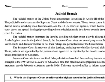 Preview of Judicial Branch Reading and Research Worksheet