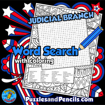 Preview of Judicial Branch - US Government Word Search Puzzle Activity with Coloring