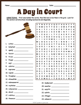 JUDICIAL SYSTEM COURTROOM Word Search Puzzle Worksheet Activity