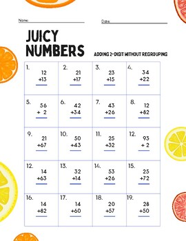 Preview of Juicy Numbers, Two-Digit Addition, Without regrouping