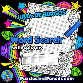 Preview of Julia de Burgos Word Search Puzzle with Coloring | Hispanic Heritage Month