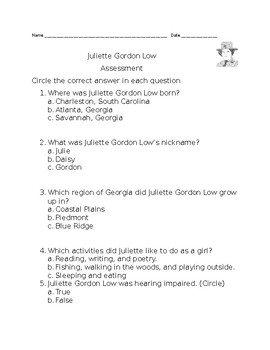 Preview of Juliette Gordon Low Assessment with Study Guide ***BEST SELLER***