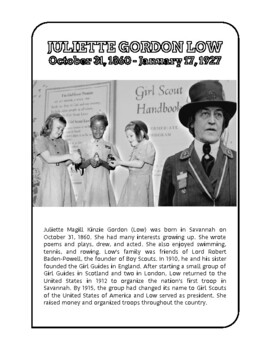 Preview of Juliette Low (October 31) Women's History - Girl Scouts - Information/Coloring