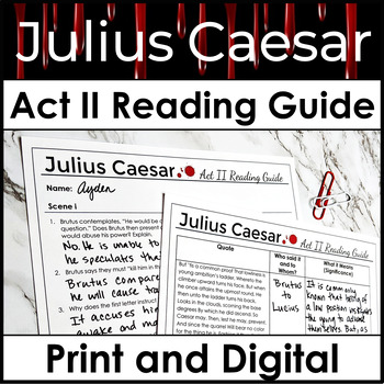 Preview of Julius Caesar Act 2 Reading Guide w/ Questions, Quotes, & Analysis for Act II