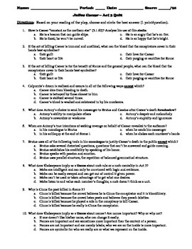 Julius Caesar Act 3 Multiple Choice and Short Answer Quiz by Bradley