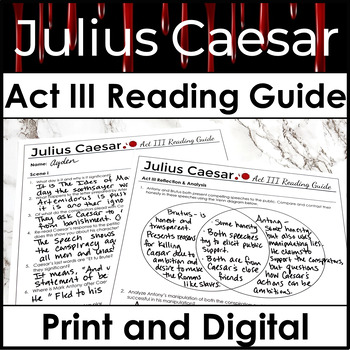 Preview of Julius Caesar Act 3 Reading Guide w/ Questions, Quotes, & Analysis for Act III