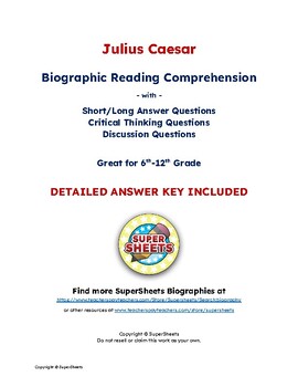 Preview of Julius Caesar Biography: Reading Comprehension & Questions w/ Answer Key