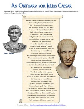 Julius Caesar Obituary & Shakespeare Analysis Worksheet by Students of