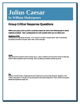 Preview of Julius Caesar - Shakespeare - Group Critical Response Questions