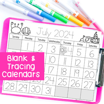 Preview of July 2024 Calendar Activities, Number Tracing + Blank Calendar Templates