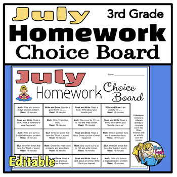Preview of July 3rd Grade Homework Choice Board - Engaging Daily Activities